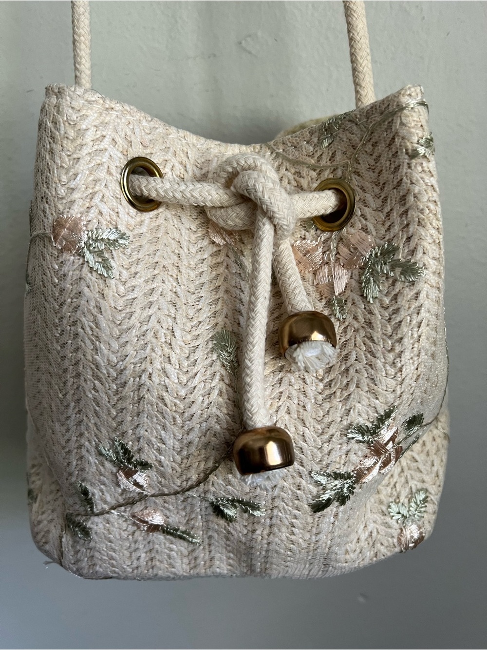 Vintage Cottagecore Straw Drawstring Mini Bucket Bag Purse Fairycore Crossbody